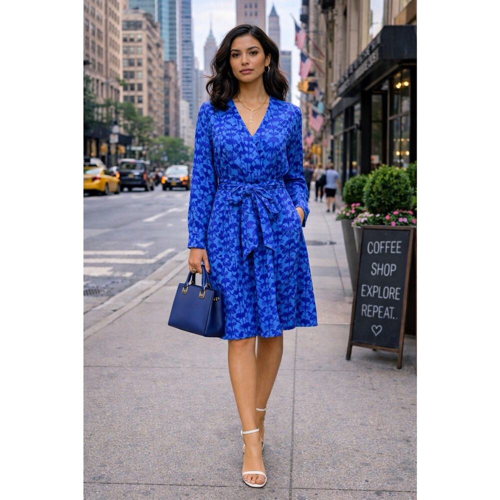 Nicole Miller Blue Floral Dress Belted Long Sleeve Midi Effortless Elegant Sz 6